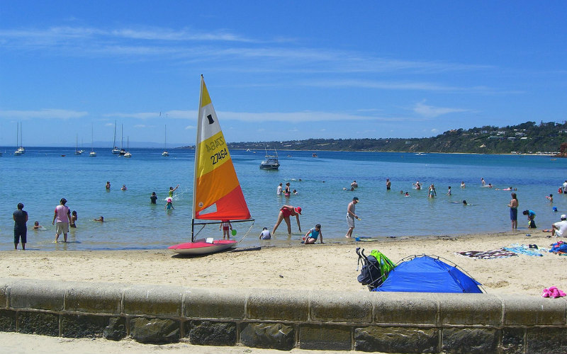 Mother's Beach, in Mornington Victoria full of families, beach tents and small sail craft.