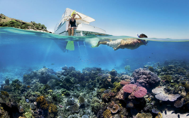 People snorkelling off of a boat in the Great Barrier Reef, off the coast of Cairns, Australia.