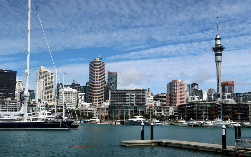Auckland Harbour and Sky Tower, Auckland, New Zealand.