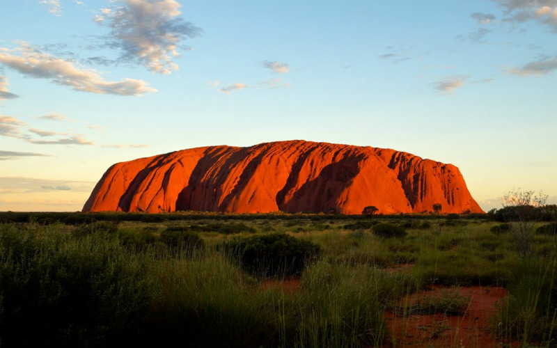 Sunset and green bushes in front of Uluru, Northern Territory, Australia