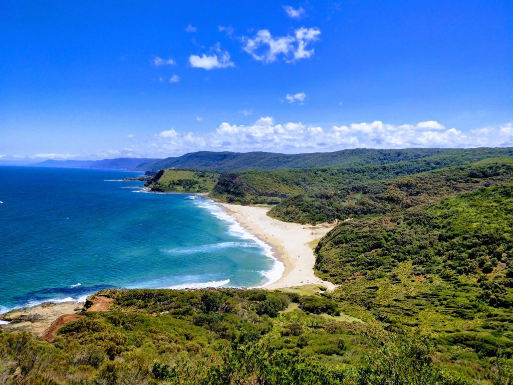 Looking down past trees and scrubland towards the sand and water of Garie Beach, Royal National Park, NSW, Australia.