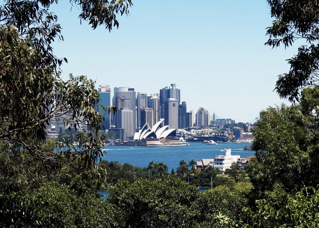 View of the Opera House and Sydney CBD across Sydney Harbour, as seen from the suburb of Mosman, Lower North Shore Sydney.