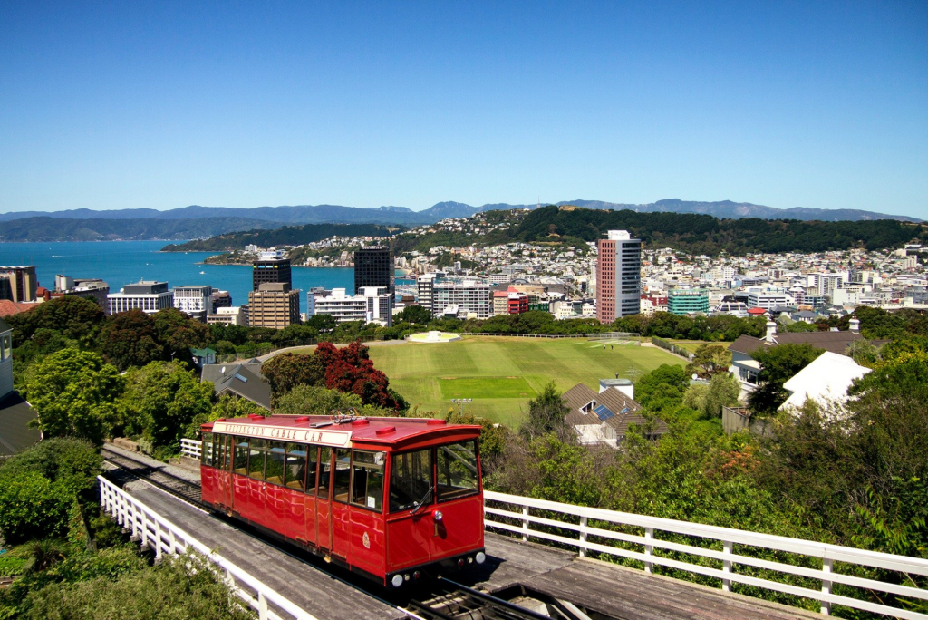 Wellington city with a view of their famous red cable car.